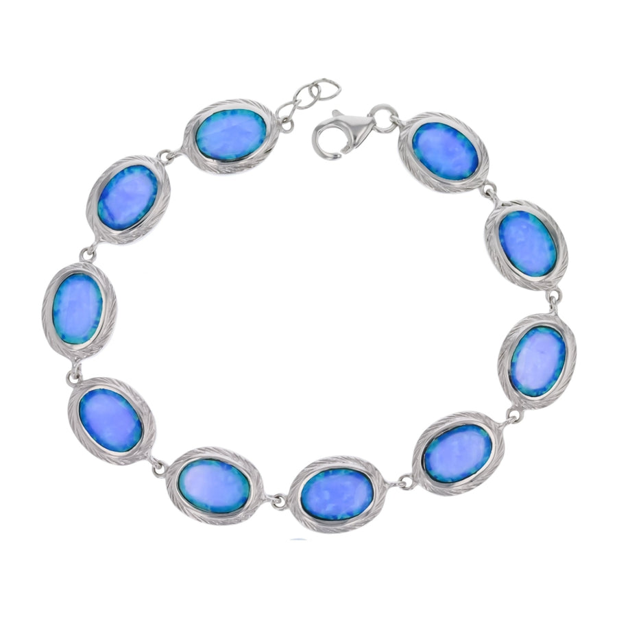 Sterling Silver Created Blue Opal Oval Shape Link Bracelet Image 1