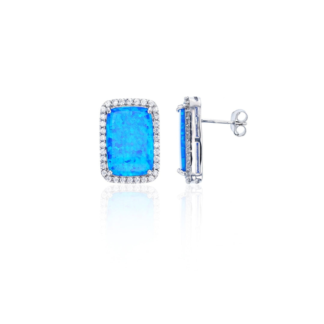 Sterling Silver Created Blue Opal Halo CZ Rectangle Post Earrings Image 1