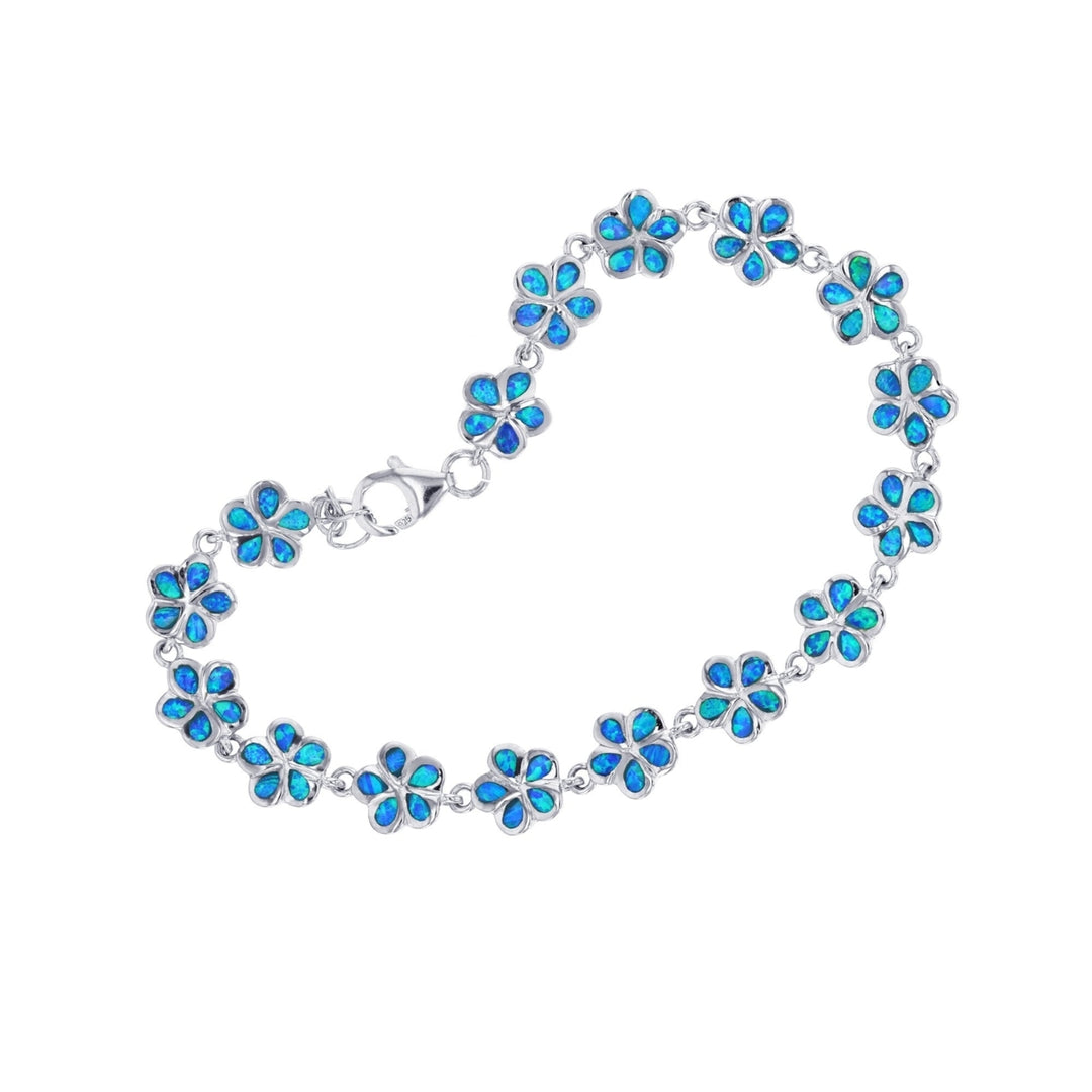 Sterling Silver Created Blue Opal Flowers Link Bracelet Image 1