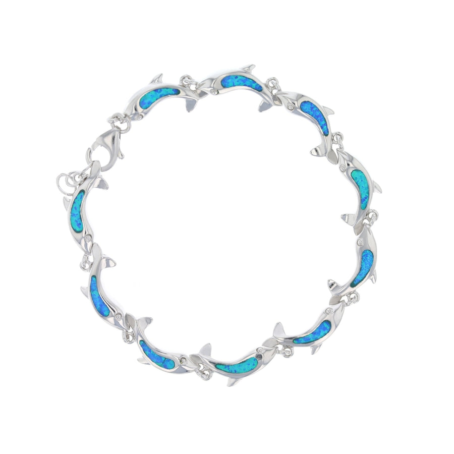 Sterling Silver Created Blue Opal Dolphin Link Bracelet Image 1