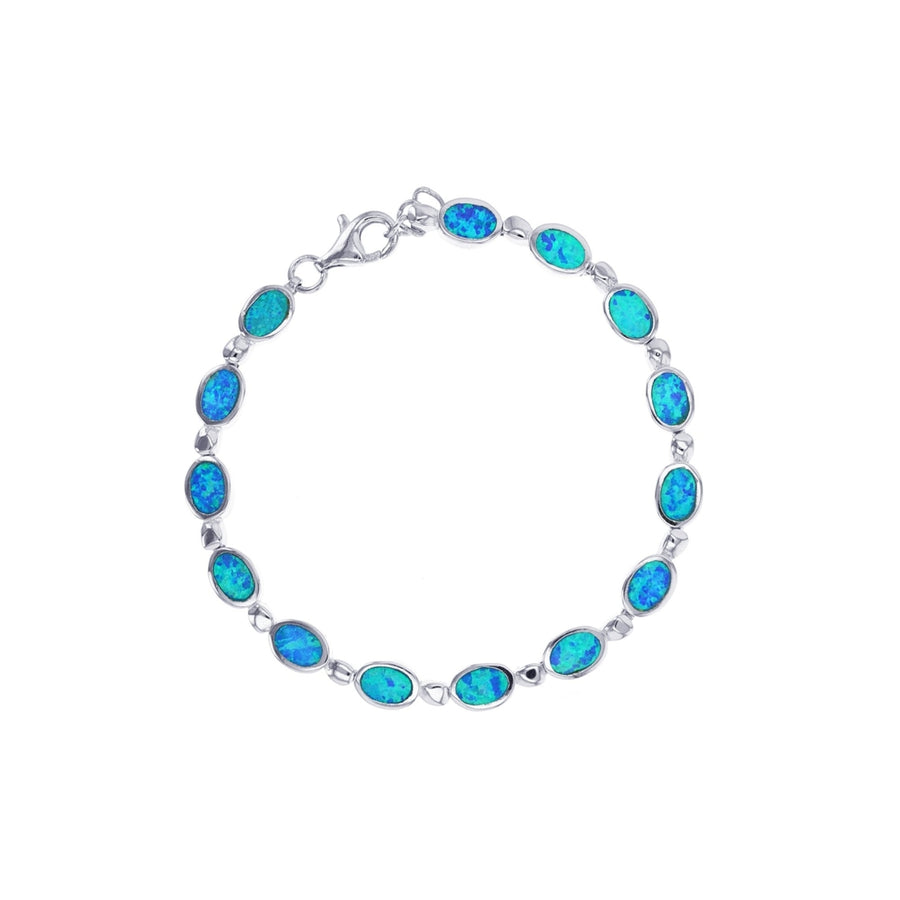 Sterling Silver Created Blue Opal Oval Link Bracelet Image 1