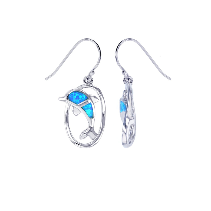 Sterling Silver Created Blue Opal Dolphin on a Oval Loop Dangle Earrings Image 1