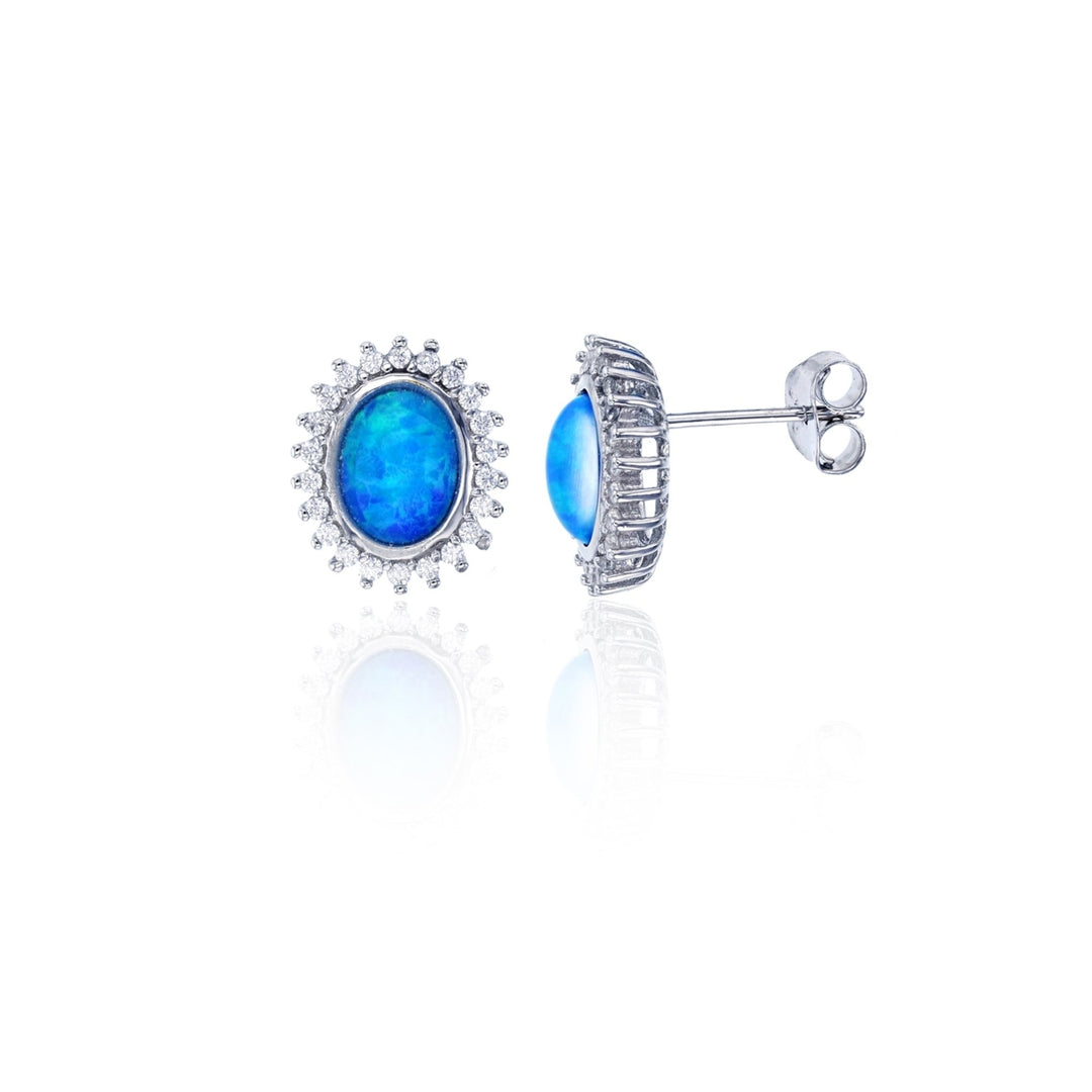 Sterling Silver Created Blue Opal Oval Halo CZ Earrings Image 1