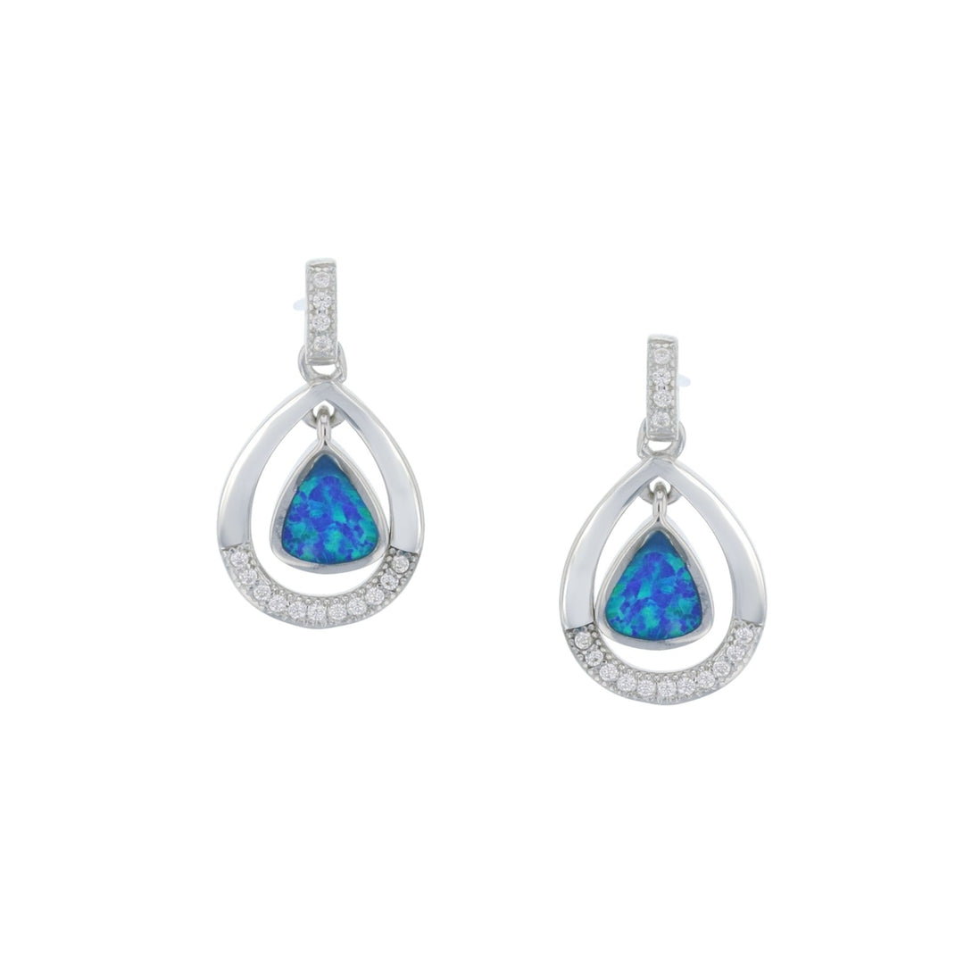 Sterling Silver Created Blue Opal and CZ Teardrop Dangle Earrings Image 1