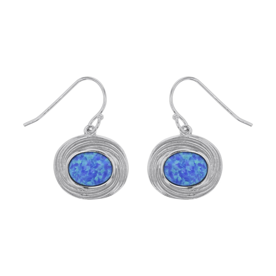 Sterling Silver Created Blue Opal Oval Shape in Frame Dangle Earrings Image 1