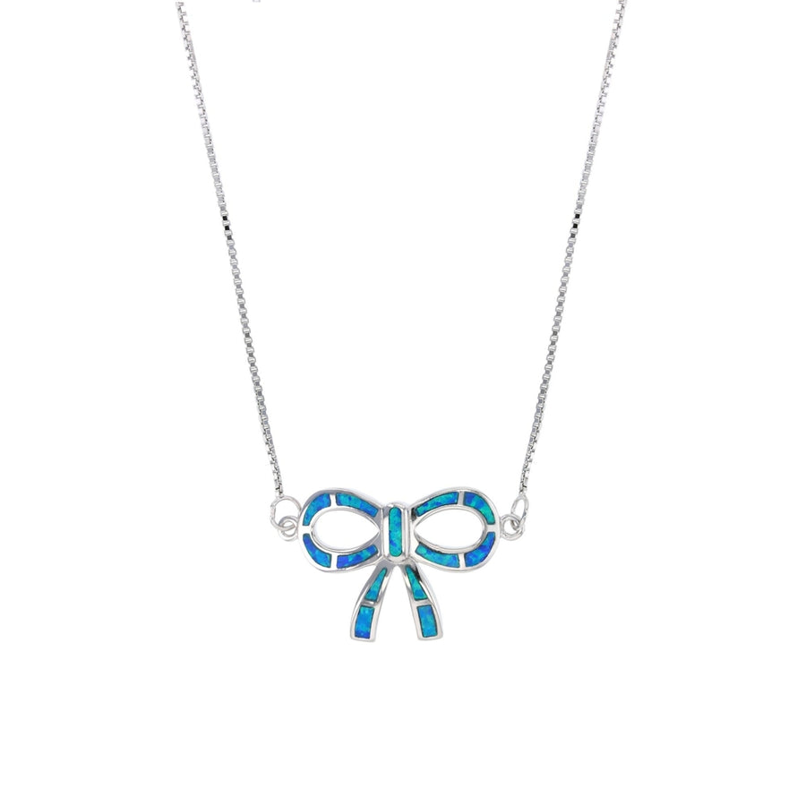 Sterling Silver Created Blue Opal Bow Necklace Image 1