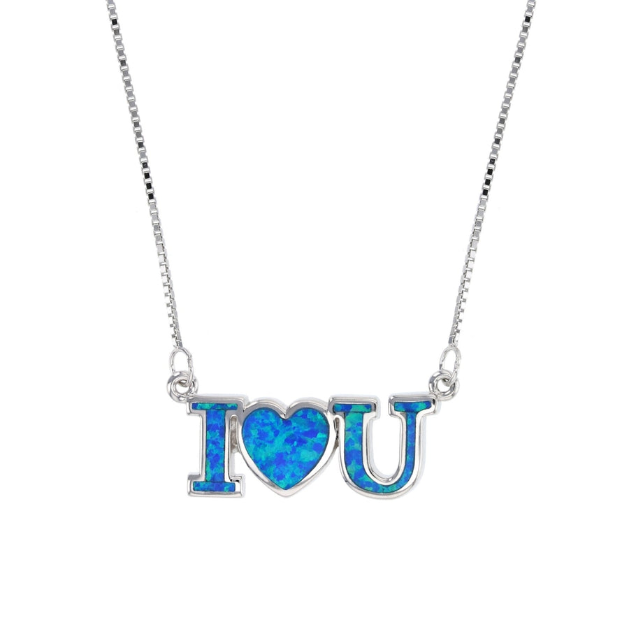 Sterling Silver Created Blue Opal I Love You Necklace Image 1