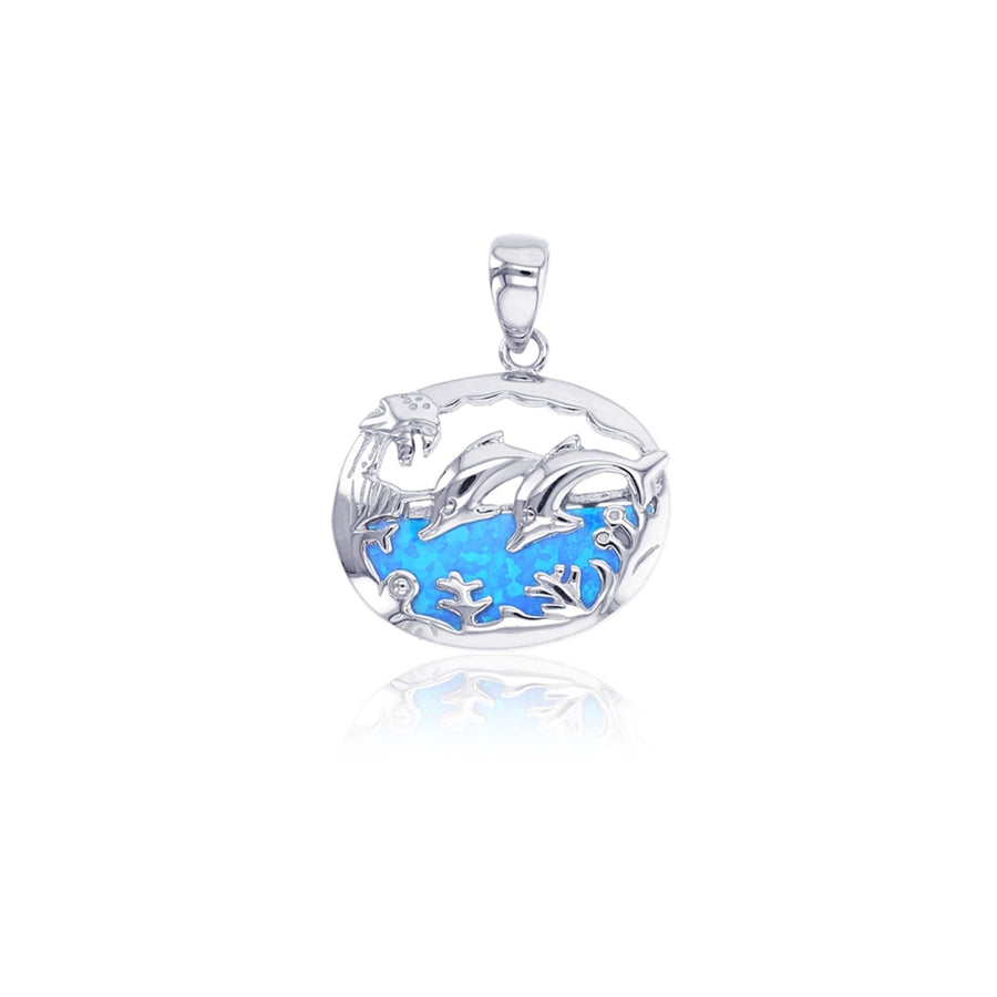 Sterling Silver Created Blue Opal Double Dolphin Pendant Necklace Image 1