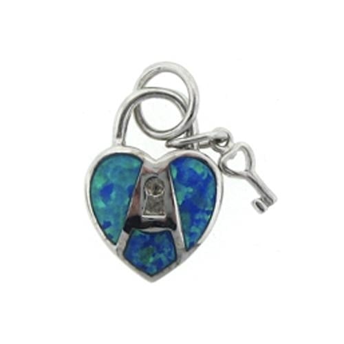 Sterling Silver Created Blue Opal Heart and Key Pendant Necklace Image 1