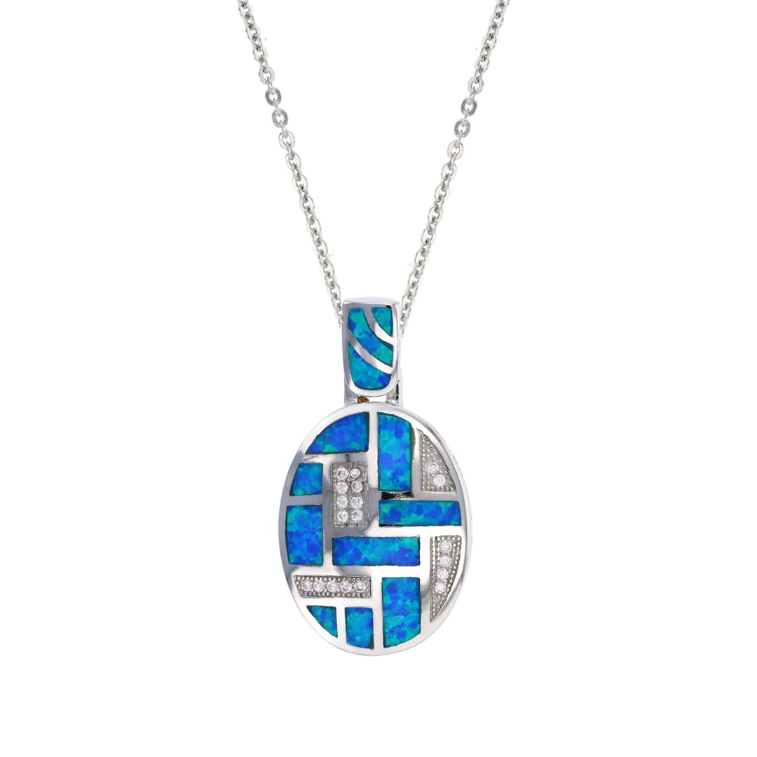 Sterling Silver Created Blue Opal Oval CZ Pendant Necklace Image 1