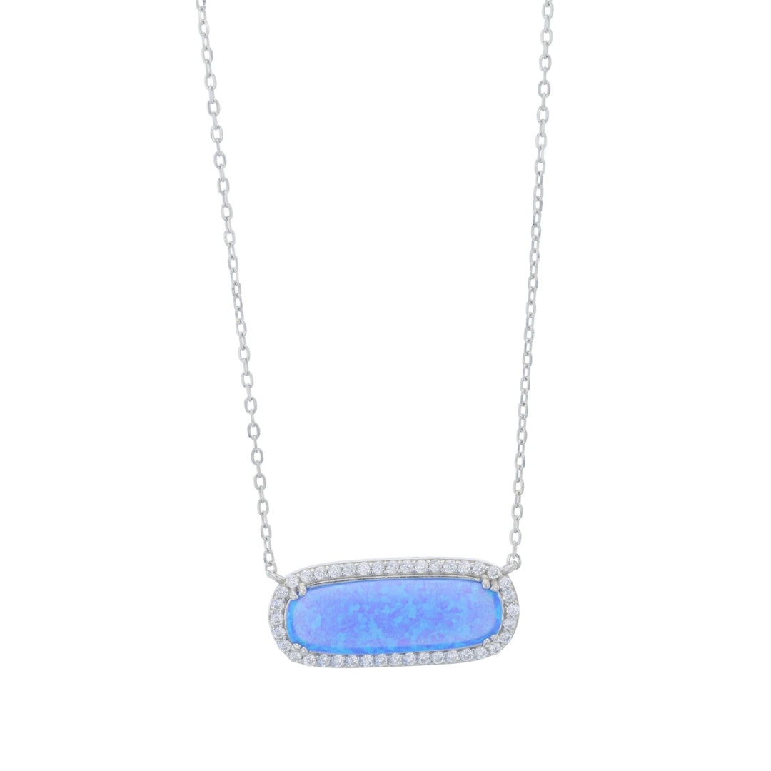 Sterling Silver Created Blue Opal Oval Halo CZ Necklace Image 1