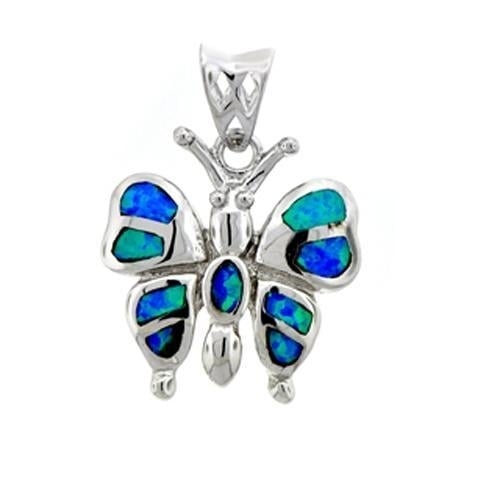 Sterling Silver Created Blue Opal Butterfly Pendant Necklace Image 1