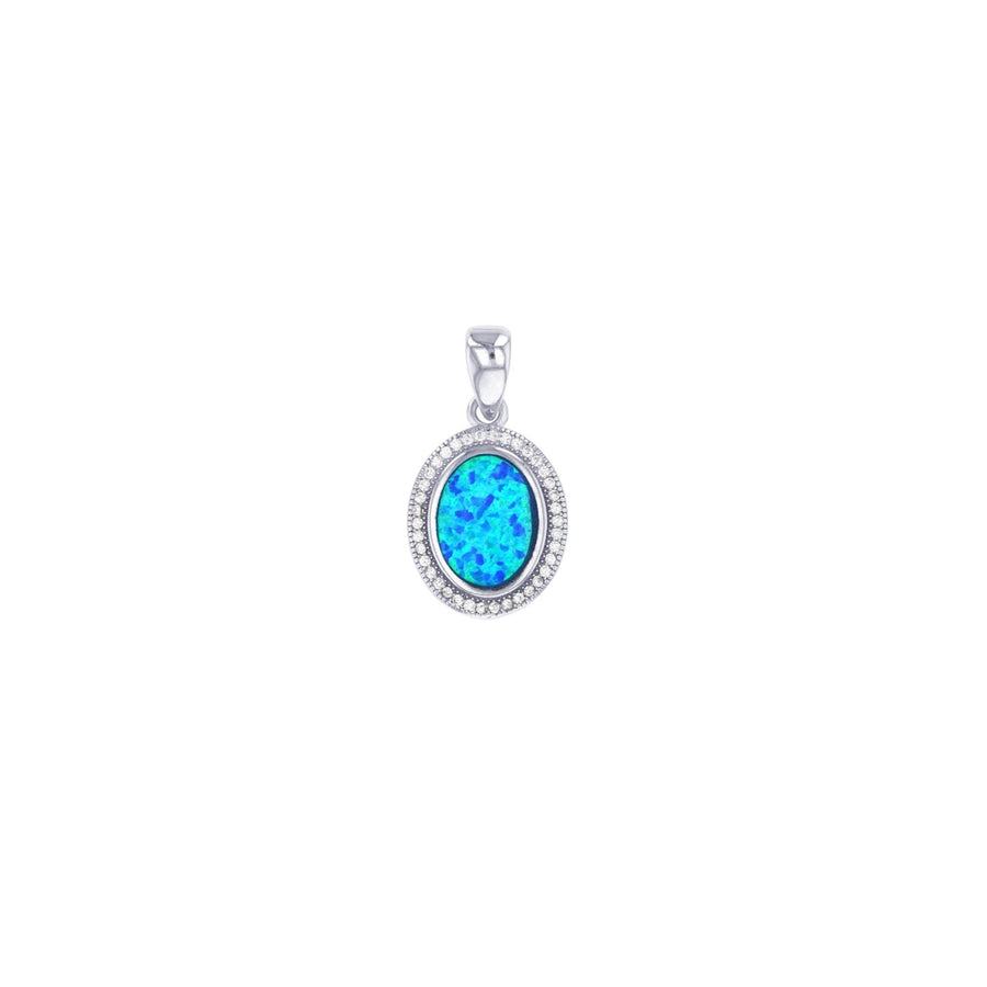 Sterling Silver Created Blue Opal Oval Halo CZ Pendant Necklace Image 1