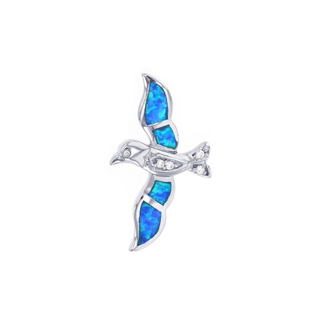 Sterling Silver Created Blue Opal Flying Seagull CZ Pendant Necklace Image 1