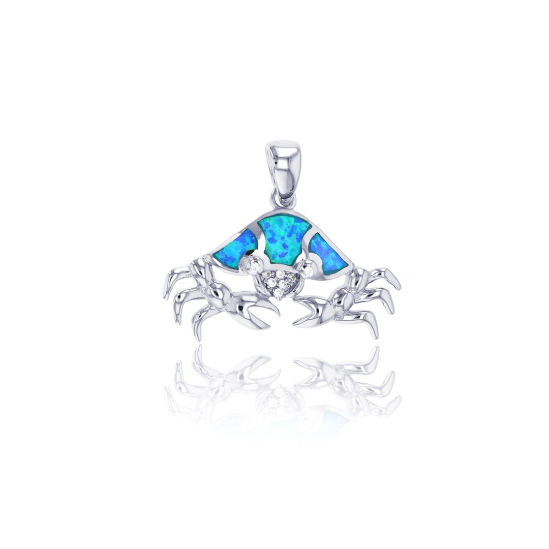 Sterling Silver Created Blue Opal CZ Crab Pendant Necklace Image 1