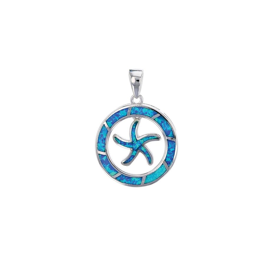 Sterling Silver Created Blue Opal Dangle Starfish Round Pendant Necklace Image 1