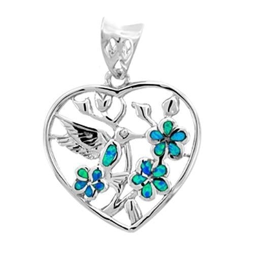 Sterling Silver Created Blue Opal Bird and Flowers Heart Pendant Necklace Image 1