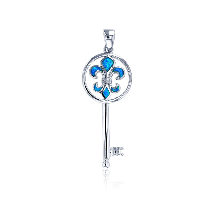 Sterling Silver Created Blue Opal Fleur De Lis Key Pendant Necklace Image 1