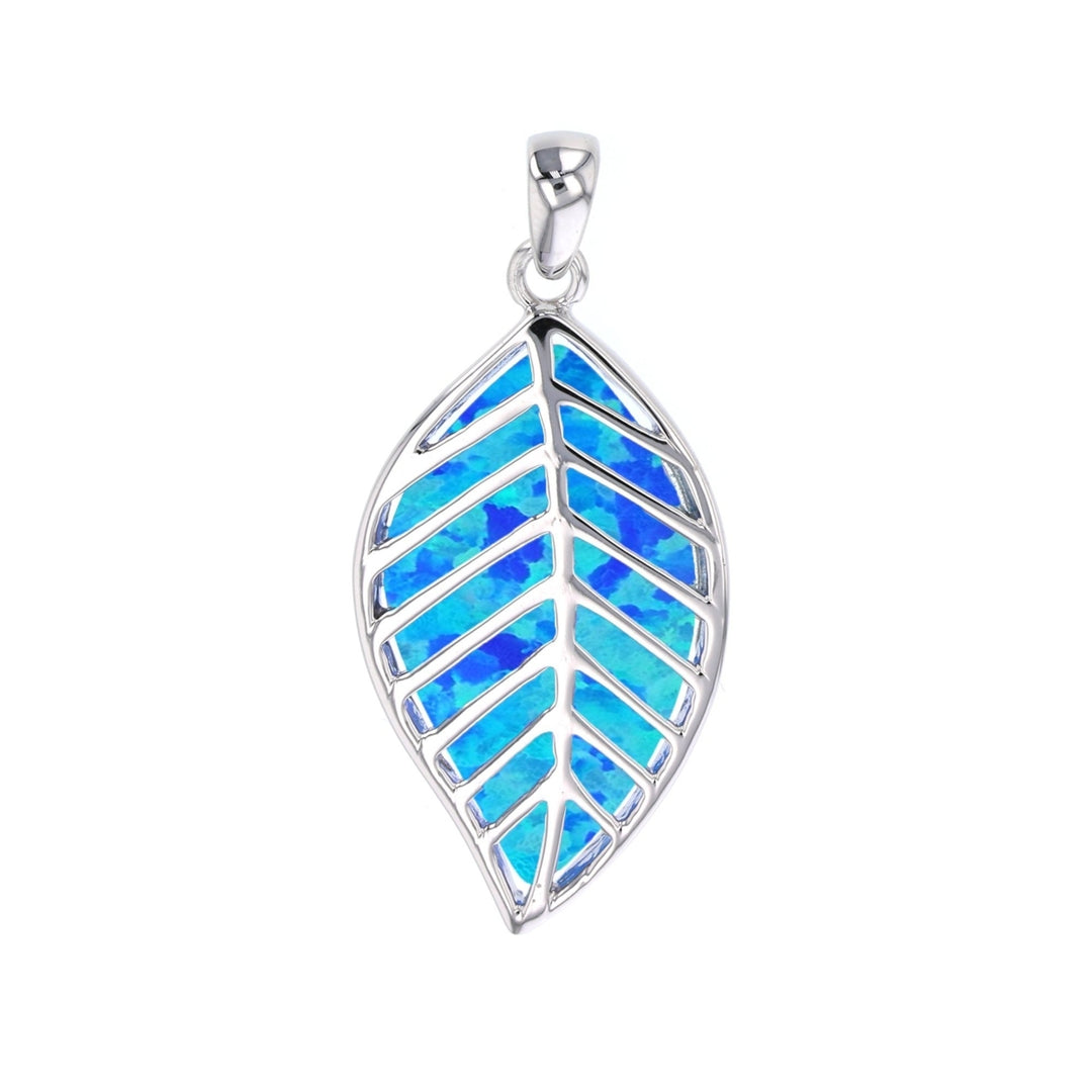 Sterling Silver Created Blue Opal Leaf Pendant Necklace Image 1