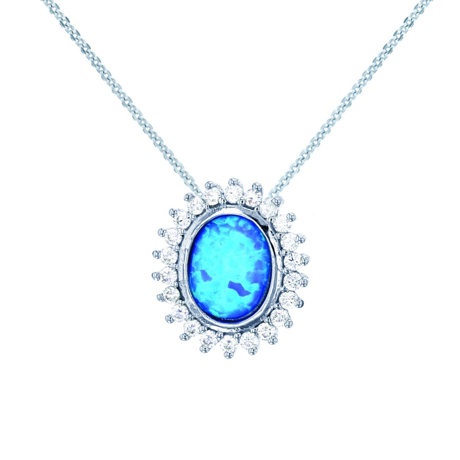 Sterling Silver Created Blue Opal Oval CZ Halo Pendant Necklace Image 1