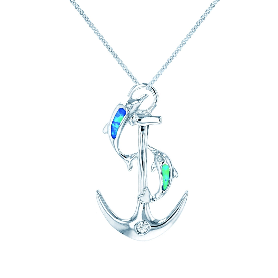 Sterling Silver Created Blue Opal Dolphins On Anchor CZ Pendant Necklace Image 1