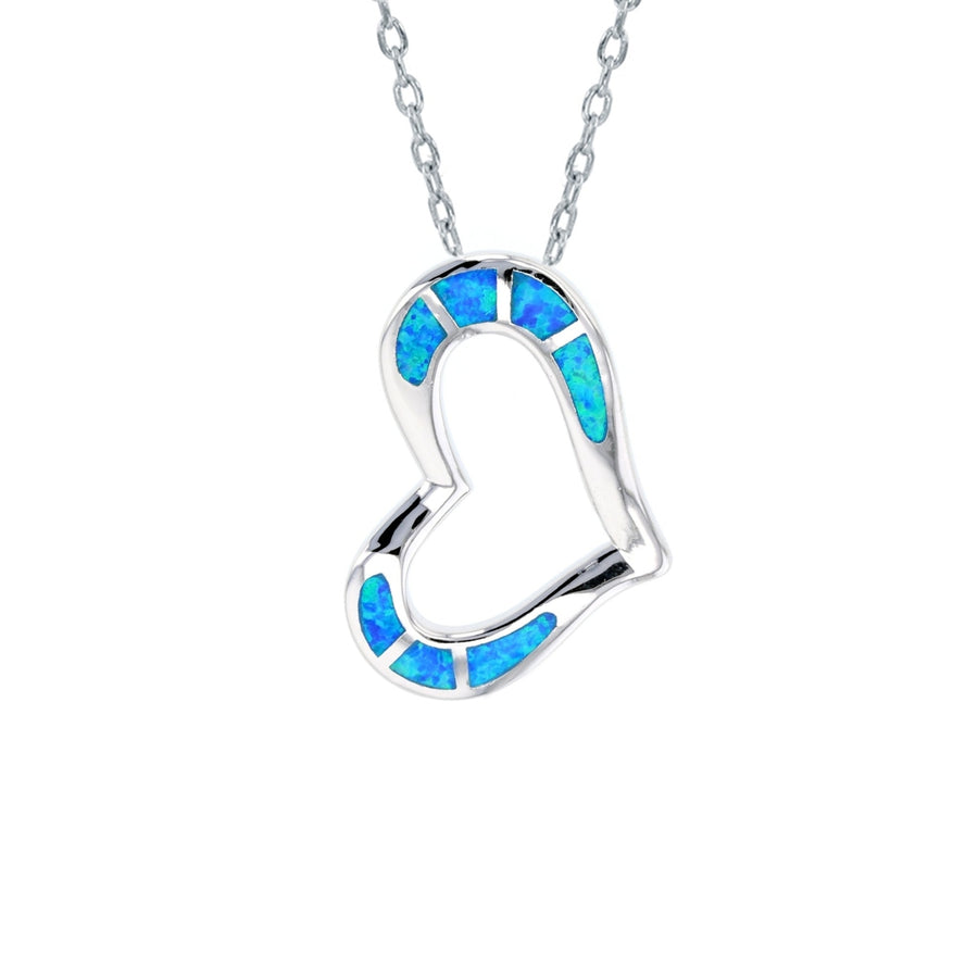 Sterling Silver Created Blue Opal Open Heart Pendant Necklace. Image 1