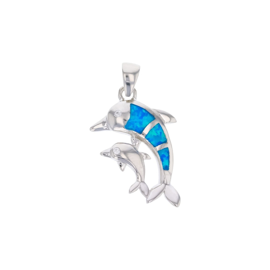 Sterling Silver Created Blue Opal Mother And Child Dolphin Pendant Necklace Image 1