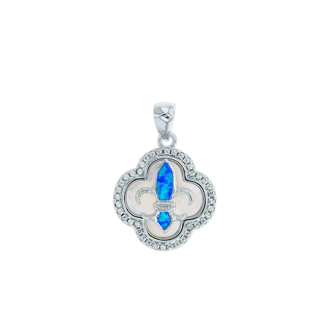 Sterling Silver Created Blue Opal Fleur de Lis on Clover Shape MOP Halo CZ Pendant Necklace Image 1