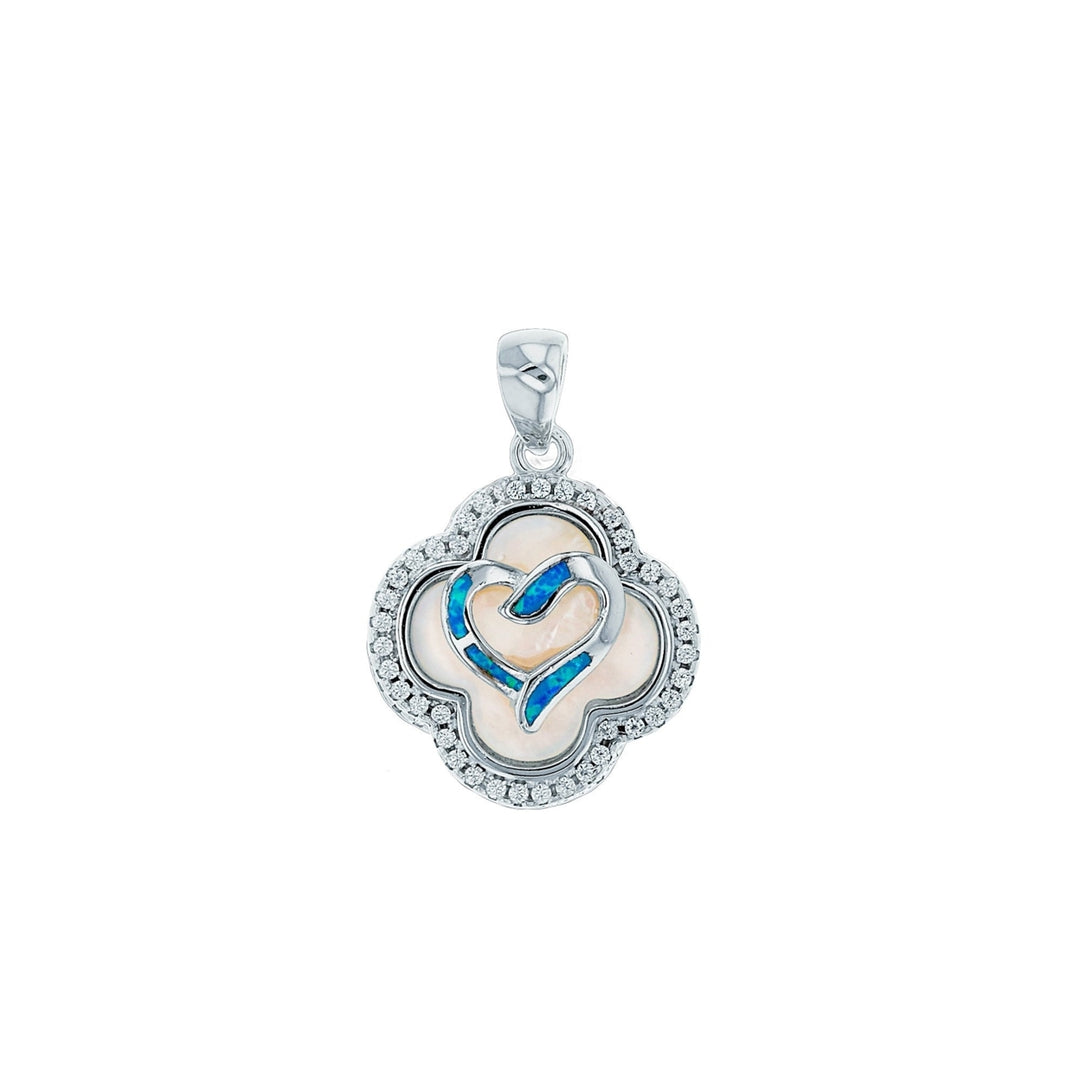 Sterling Silver Created Blue Opal Open Heart on Clover Shape MOP Halo CZ Pendant Necklace Image 1