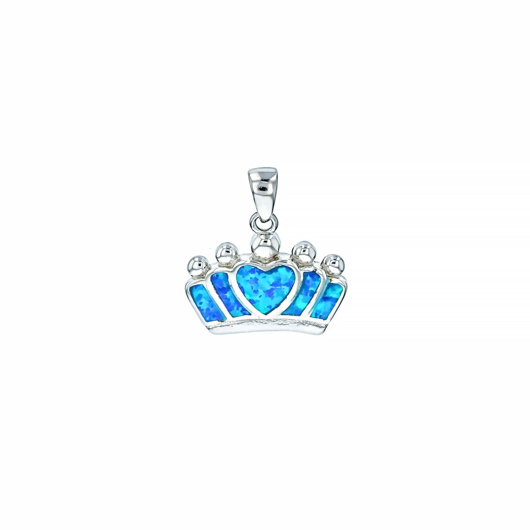 Sterling Silver Created Blue Opal Heart Crown Pendant Necklace Image 1