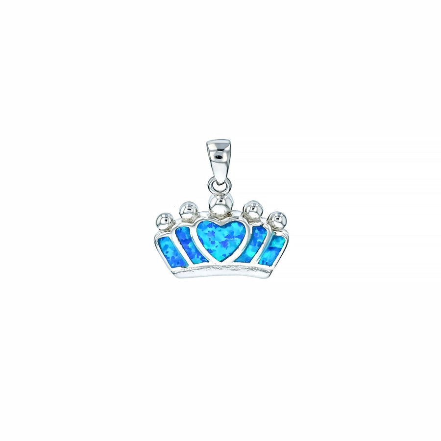 Sterling Silver Created Blue Opal Heart Crown Pendant Necklace Image 1