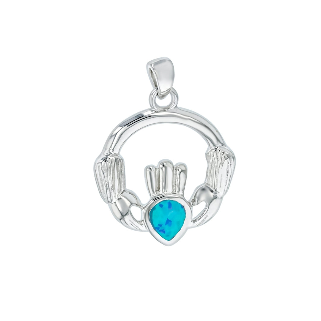 Sterling Silver Created Blue Opal Attractive Claddagh Necklace Image 1