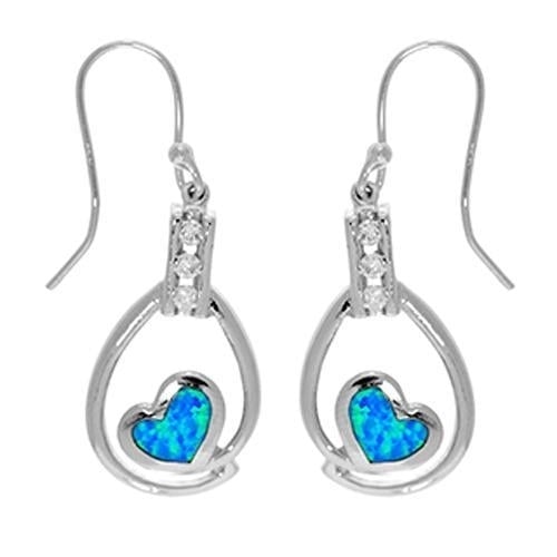 Sterling Silver Created Blue Opal With Clear CZ Heart Shape Dangle Earrings Image 1