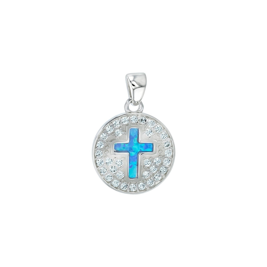 Sterling Silver Created Blue Opal Cross on Pave CZ Circle Pendant Necklace Image 1