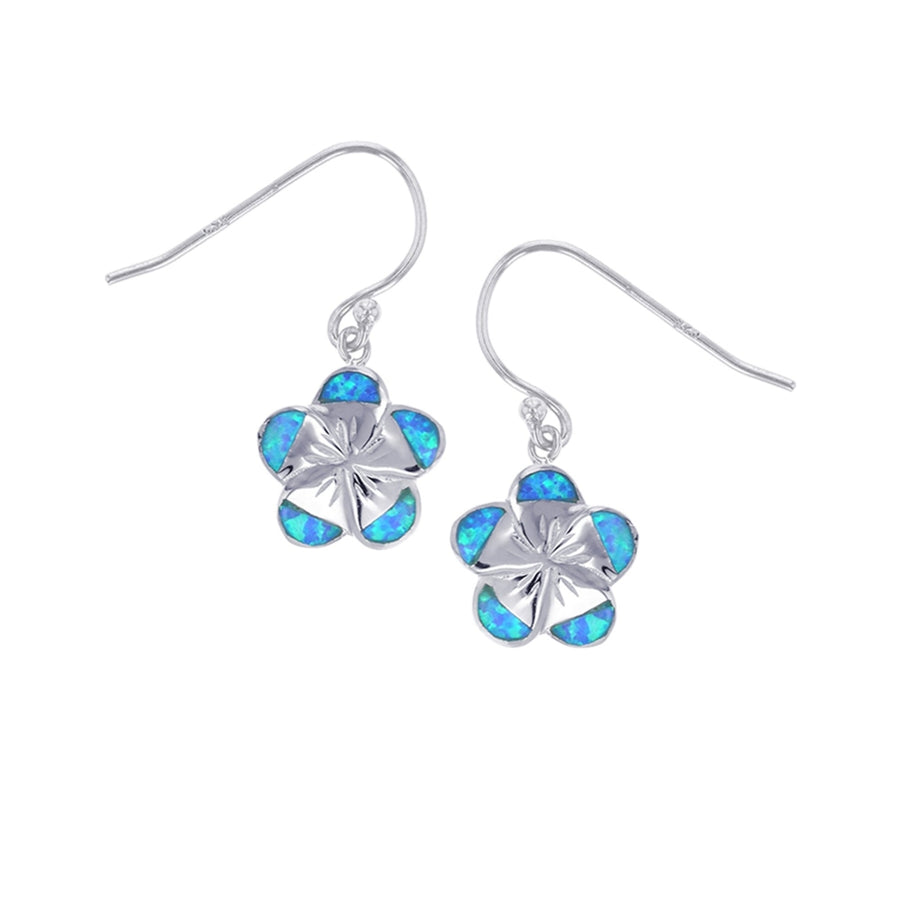 Sterling Silver Created Blue Opal Plumeria Flower Dangle Earrings Image 1