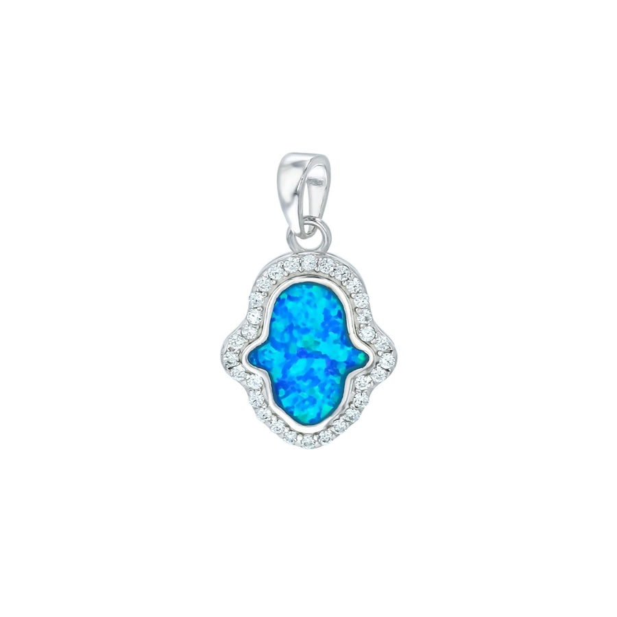 Sterling Silver Created Blue Opal Hamsa Hand Halo CZ Pendant Necklace Image 1