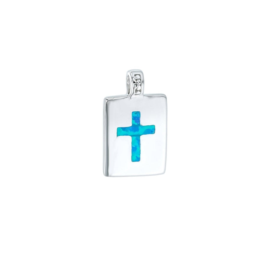 Sterling Silver Created Blue Opal Cross on Rectangle Pendant Necklace Image 1