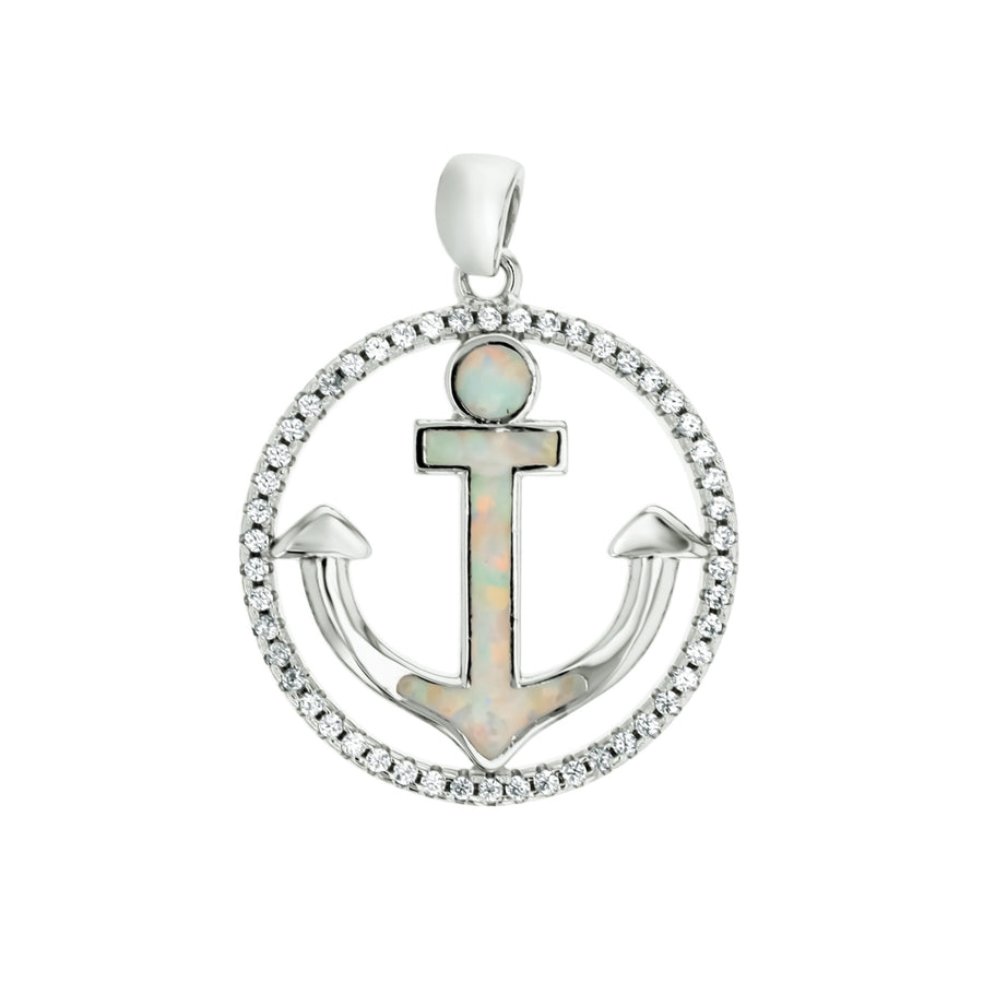 Sterling Silver Created White Opal Anchor in Open Circle CZ Pendant Image 1