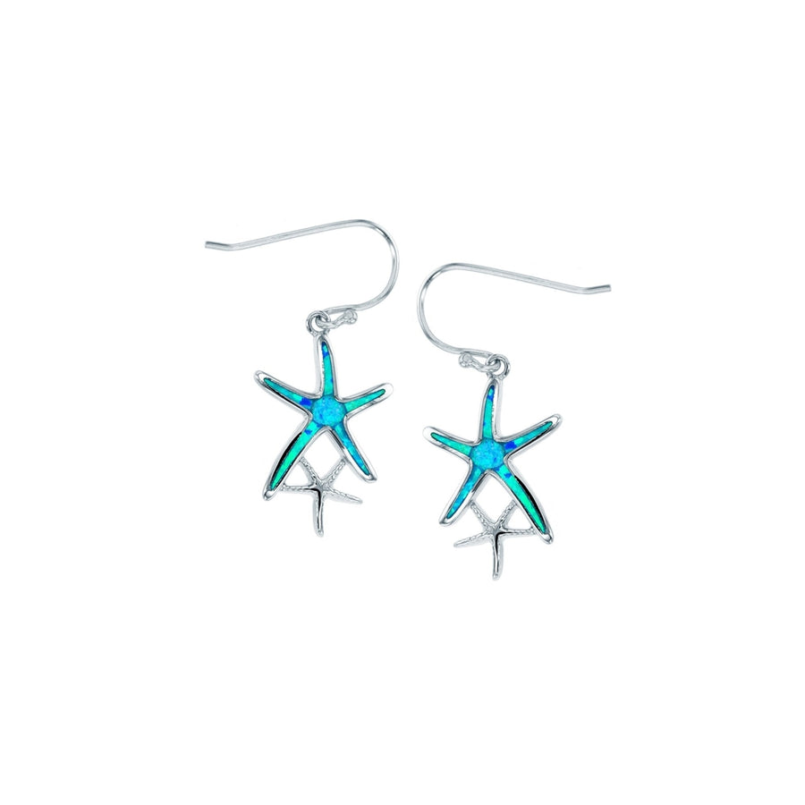 Sterling Silver Created Blue Opal Two Starfish Dangle Earrings Image 1