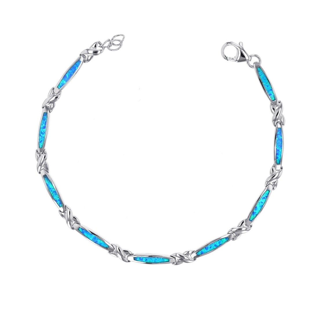 Sterling Silver Created Blue Opal X Design Link Bracelet Image 1