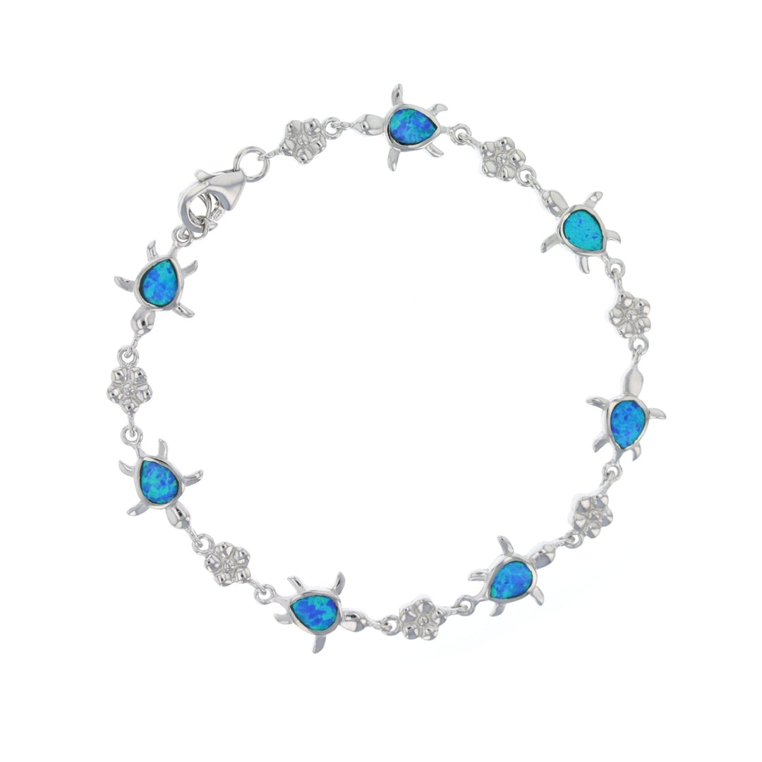 Sterling Silver Created Blue Opal Turtle Flower Bracelet Image 1