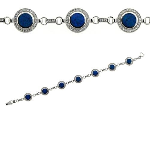 Sterling Silver Created Blue Opal Round Halo CZ Bracelet Image 1