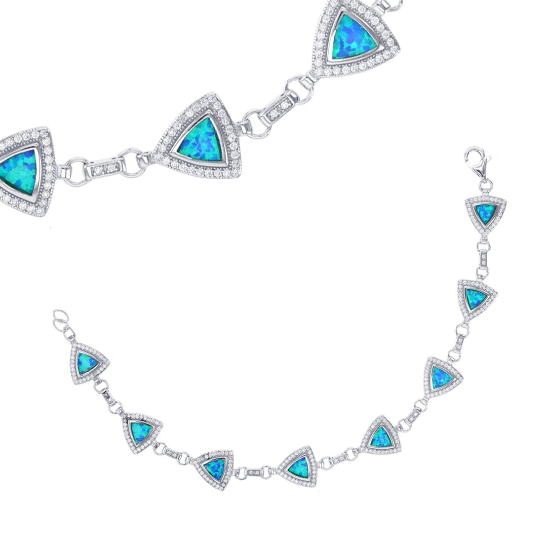 Sterling Silver Created Blue Opal Triangle Halo CZ Bracelet Image 1