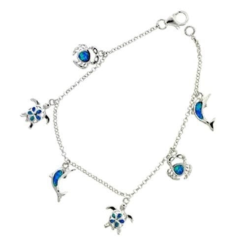 Sterling Silver Created Blue Opal Sealife Charm Bracelet Image 1