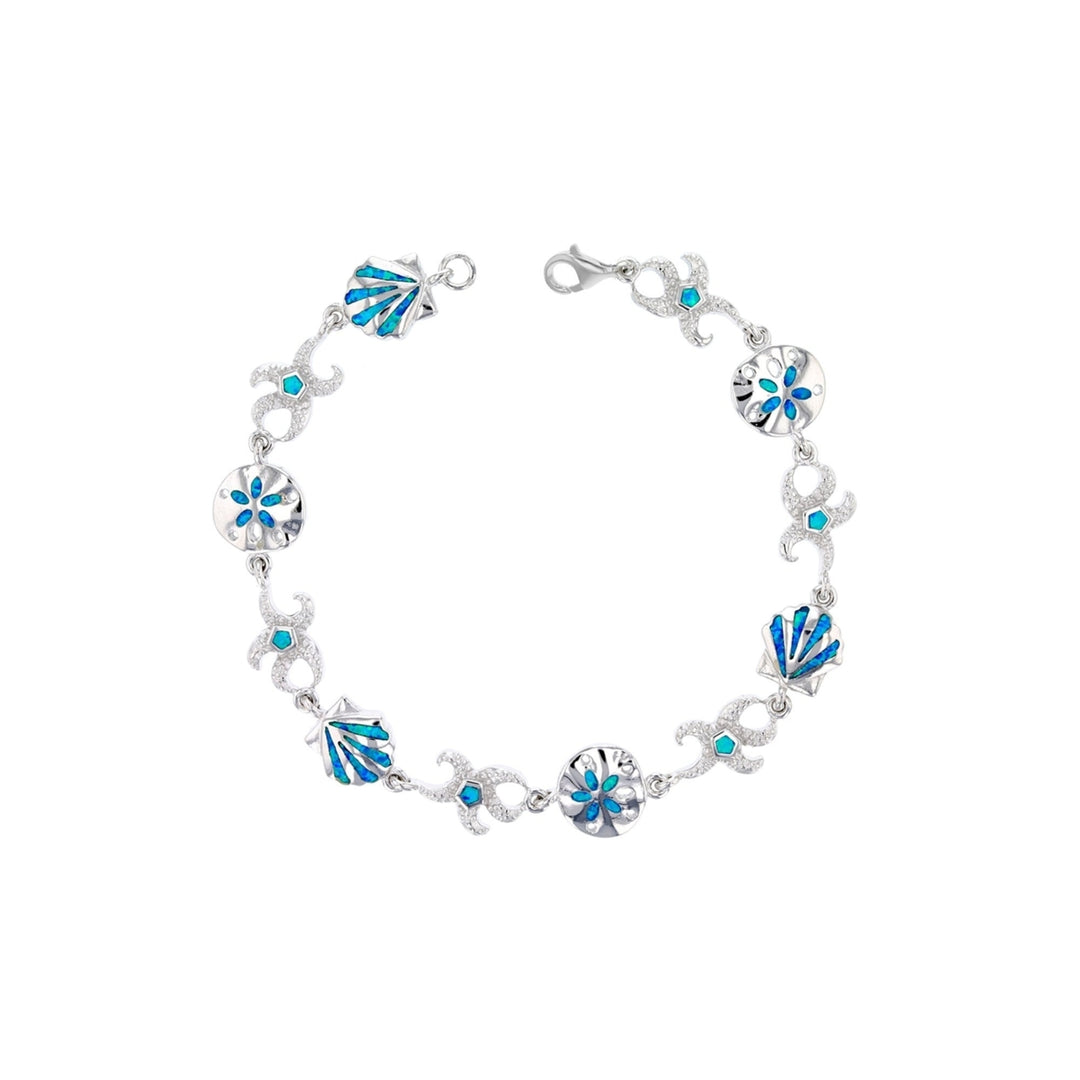 Sterling Silver Created Blue Opal Sealife Charm (Sand DollarSeashellStarfish) Link Bracelet Image 1