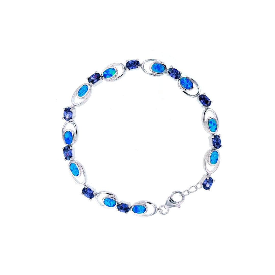 Sterling Silver Created Blue Opal Tanzanite CZ Link Bracelet Image 1