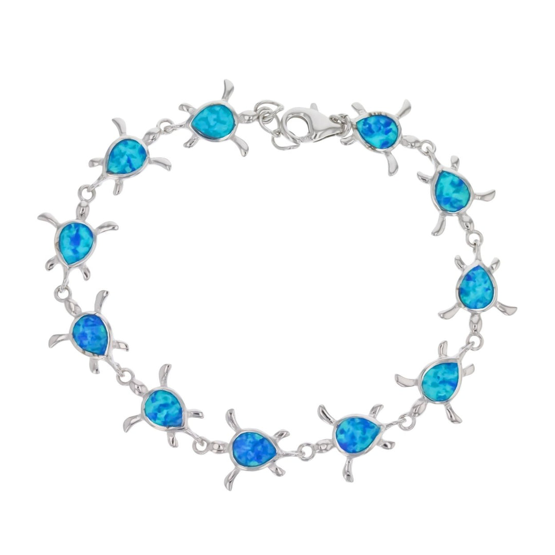 Sterling Silver Created Blue Opal Turtle Link Bracelet Image 1