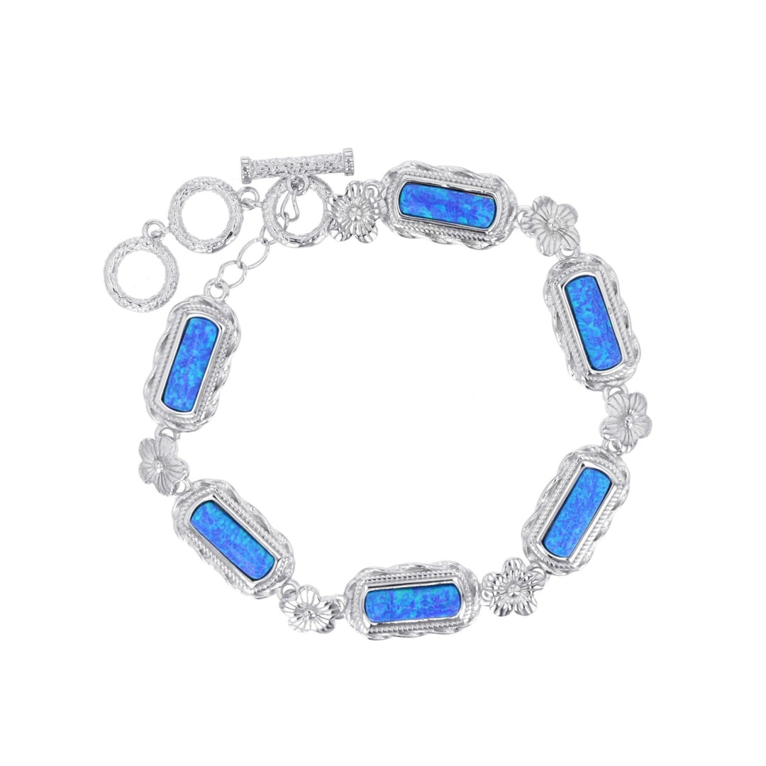 Sterling Silver Created Blue Opal Rectangle Bar and Flower Links Toggle Bracelet Image 1