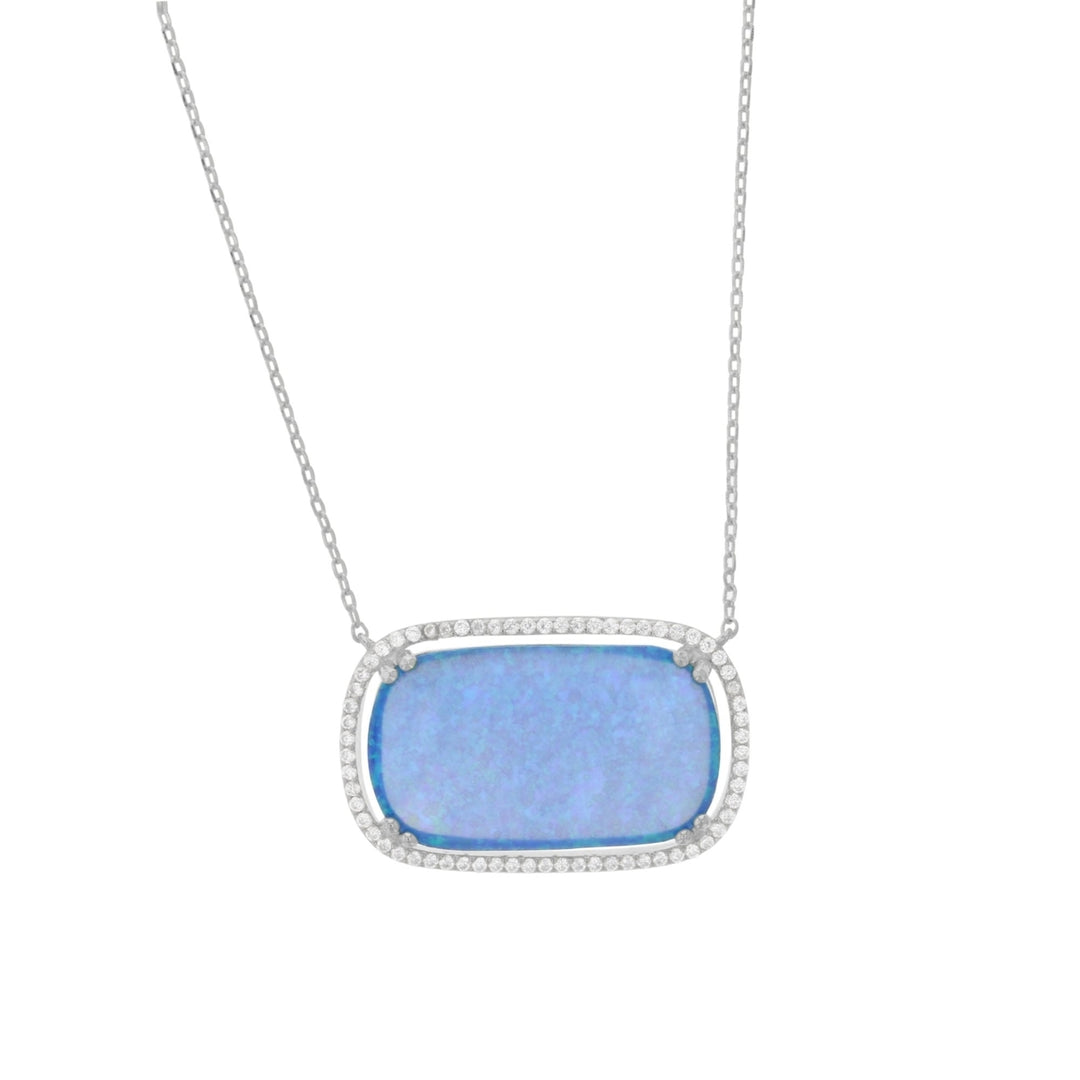 Sterling Silver Created Blue Opal Rectangle Halo CZ Necklace Image 1