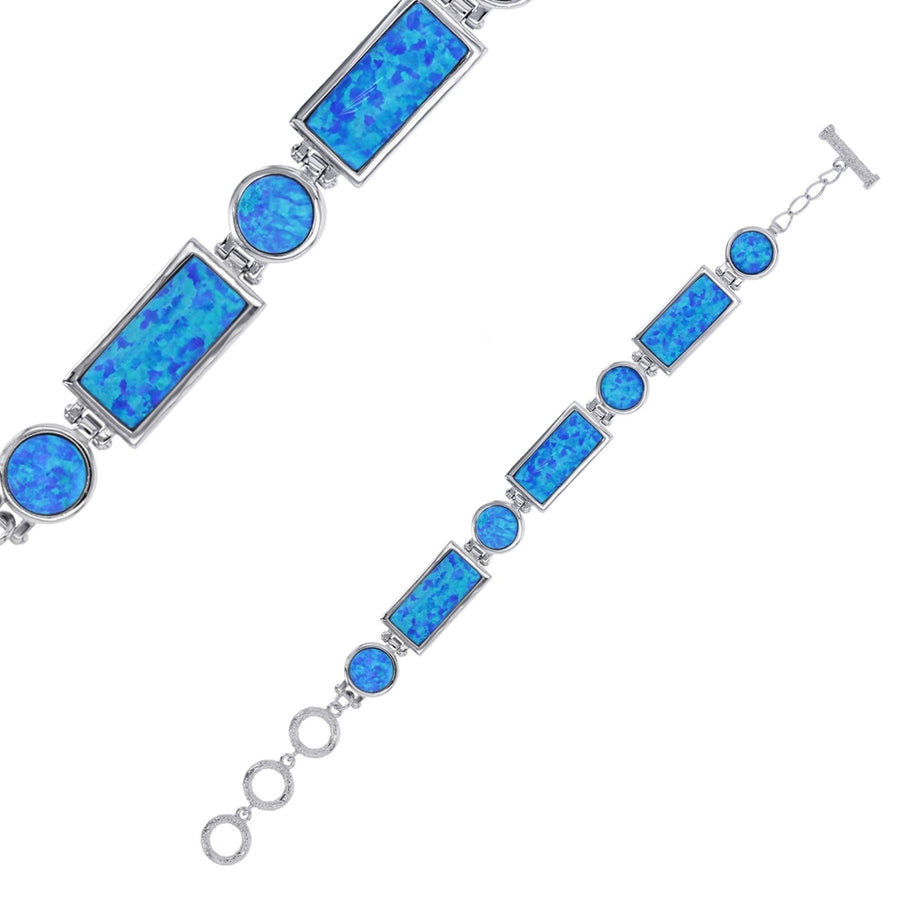 Sterling Silver Created Blue Opal Rectangle and Circle Link Toggle Bracelet Image 1